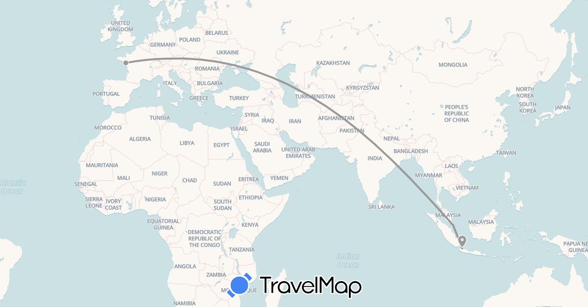TravelMap itinerary: driving, plane in Germany, France, Indonesia, Singapore (Asia, Europe)