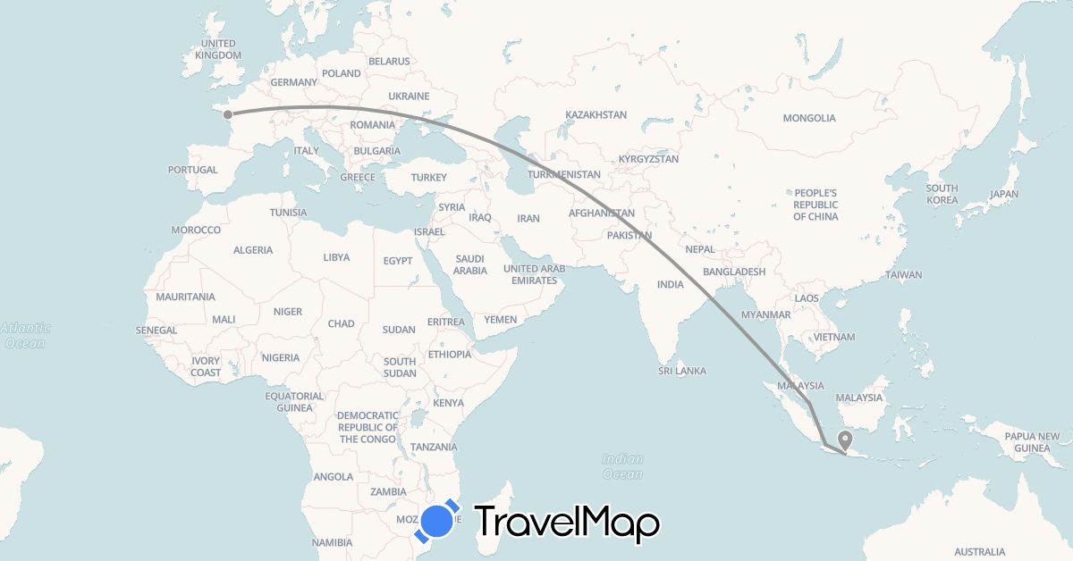 TravelMap itinerary: driving, plane in Germany, France, Indonesia, Singapore (Asia, Europe)